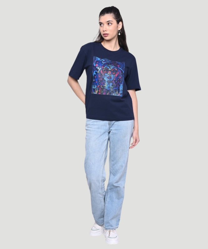 Women's Blue Graphic Print Half Sleeves Regular Fit T-Shirt